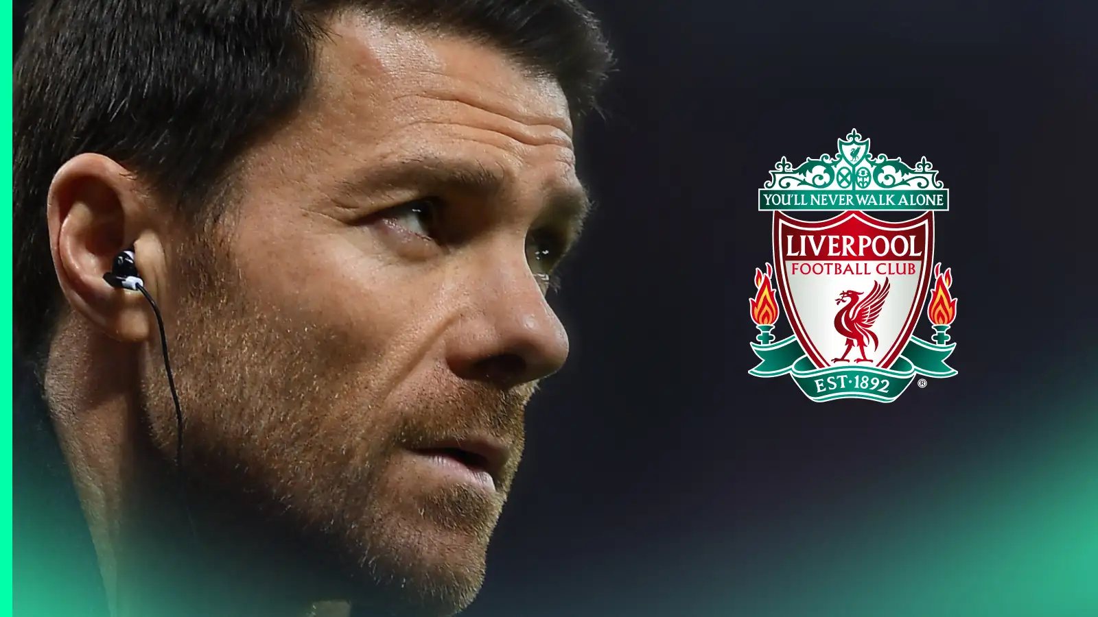 A close-up shot of Xabi Alonso with a prominent Liverpool badge alongside him
