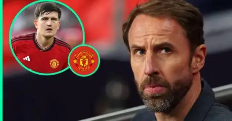 Man Utd manager contender Gareth Southgate and, inset, Harry Maguire
