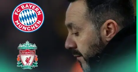 Roberto De Zerbi with prominent Bayern Munich and Liverpool badges alongside him