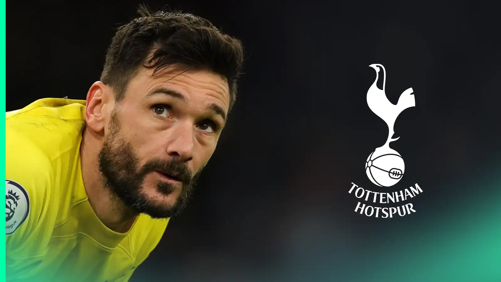 Hugo Lloris looks dejected with the Tottenham Hotspur badge alongside him