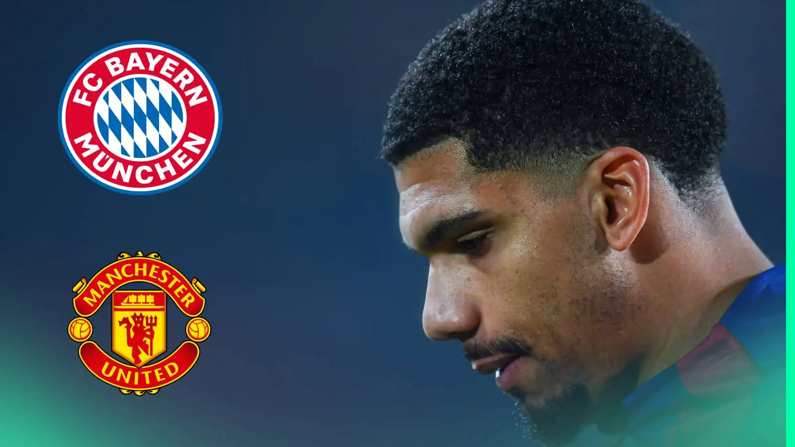 Ronald Araujo and the badges of Bayern Munich and Manchester United