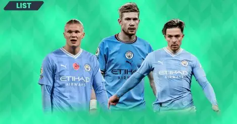 Erling Haaland, Kevin De Bruyne and Jack Grealish playing for Man City.