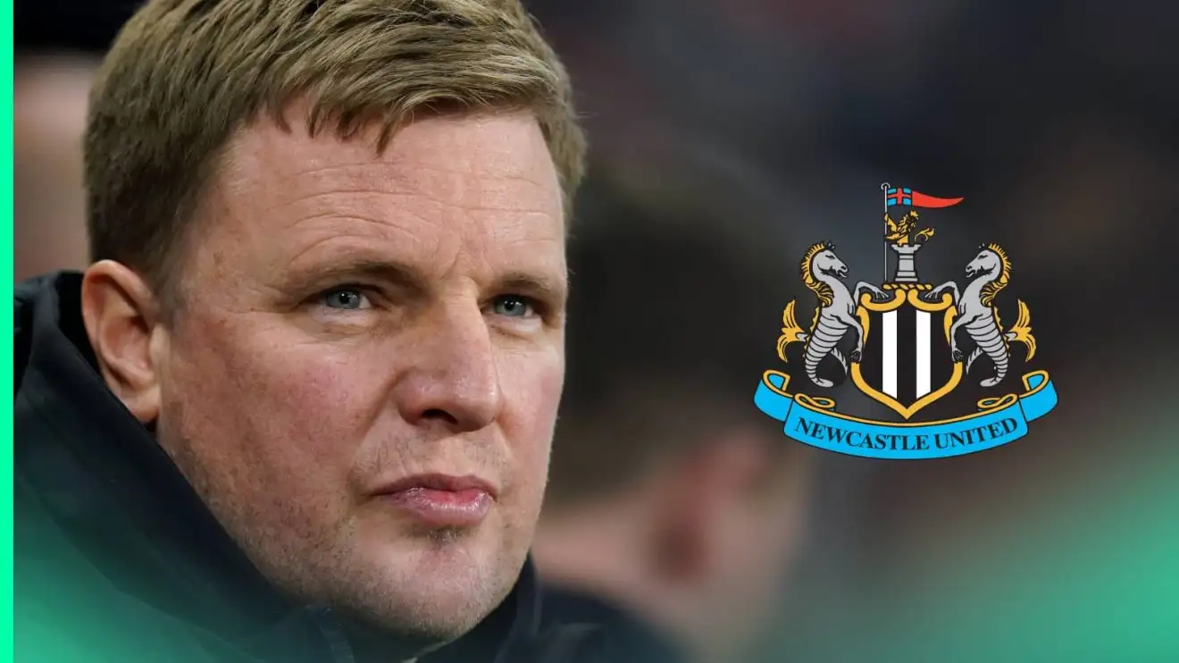 A close-up shot of Eddie Howe with a prominent Newcastle United badge alongside him