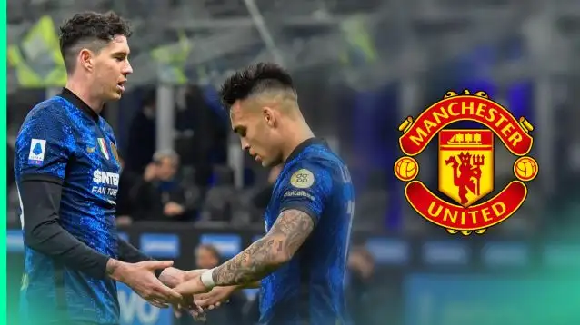 Inter Milan duo Alessandro Bastoni and Lautaro Martinez, Man Utd badge