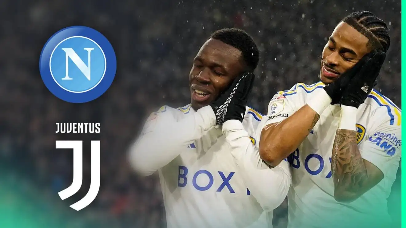 Willy Gnonto and Crysencio Summerville next to the badges of Napoli and Juventus Leeds United duo Willy Gnonto and Crysencio Summerville next to the badges of Napoli and Juventus