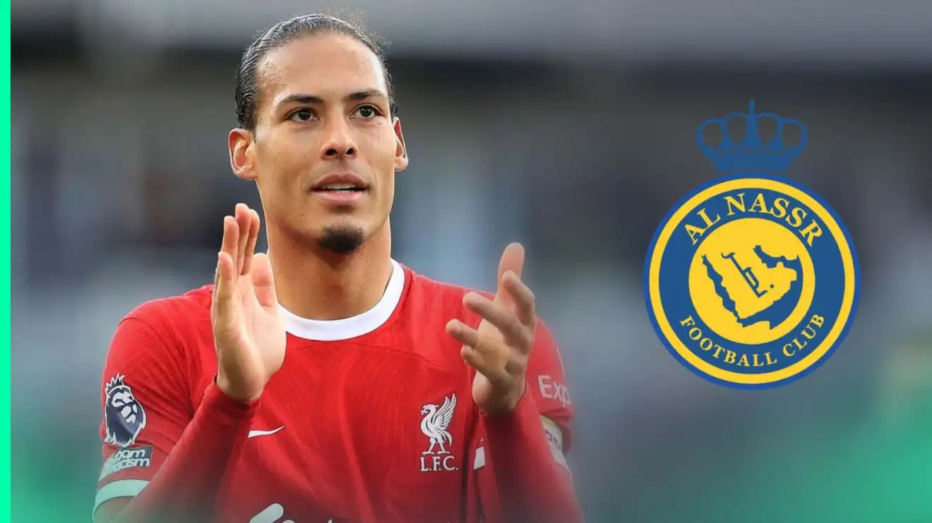 Liverpool star Virgil van Dijk next to the Al Nassr badge