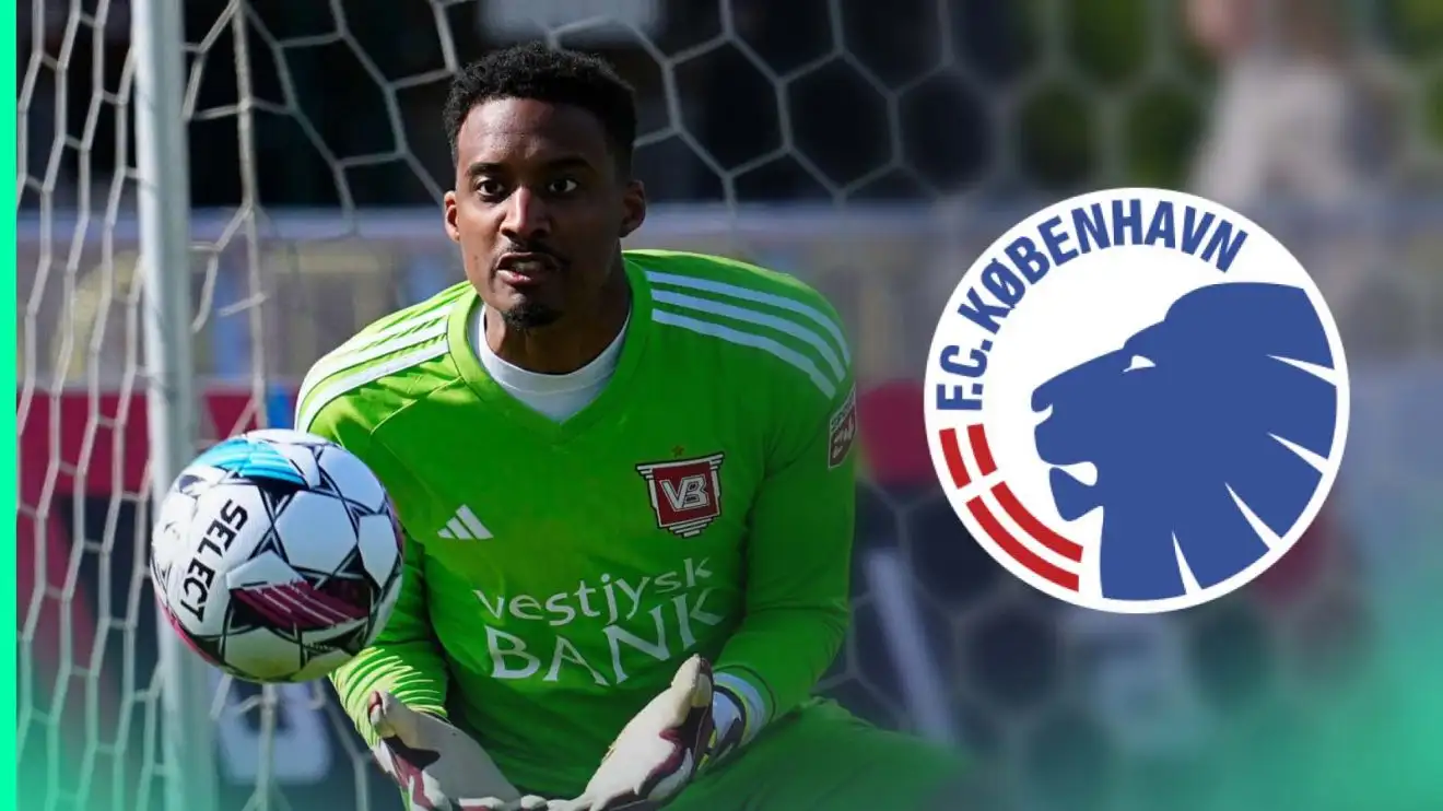 West Ham's Nathan Trott next to the F.C. Copenhagen badge
