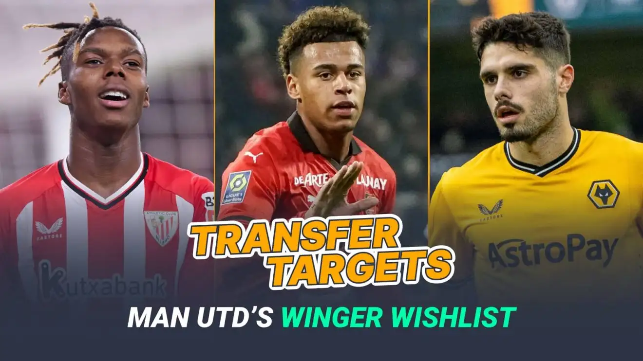 Image: Nico Williams, Desire Doue and Pedro Neto. Text: Transfer targets, Man Utd's winger wishlist