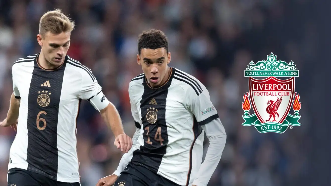 Germany duo Joshua Kimmich and Jamal Musiala with Liverpool badge