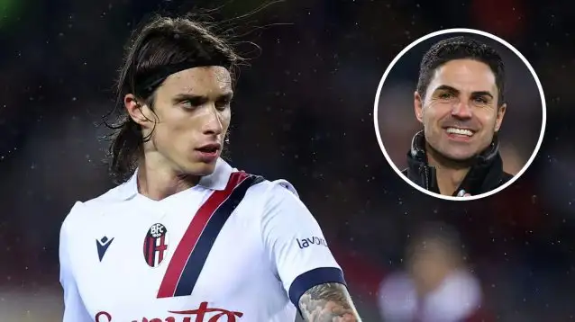 Bologna defender Riccardo Calafiori, Arsenal manager Mikel Arteta