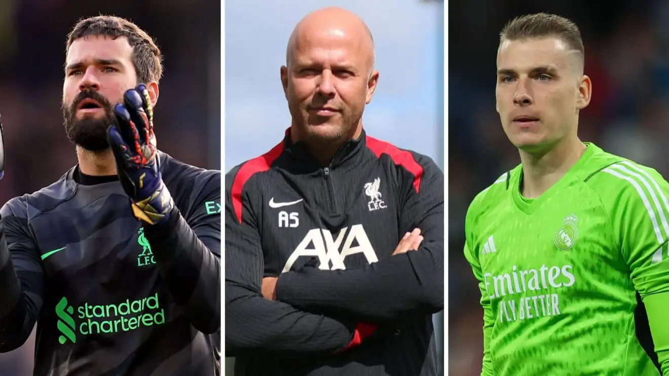 Alisson Becker, Arne Slot and Andriy Lunin Liverpool goalkeeper Alisson Becker, Liverpool manager Arne Slot and Real Madrid goalkeeper Andriy Lunin