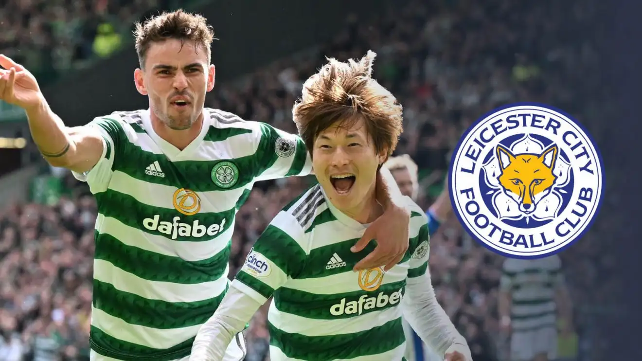 Celtic duo Matt O'Riley and Kyogo Furuhashi with Leicester badge Celtic duo Matt O'Riley and Kyogo Furuhashi with Leicester badge