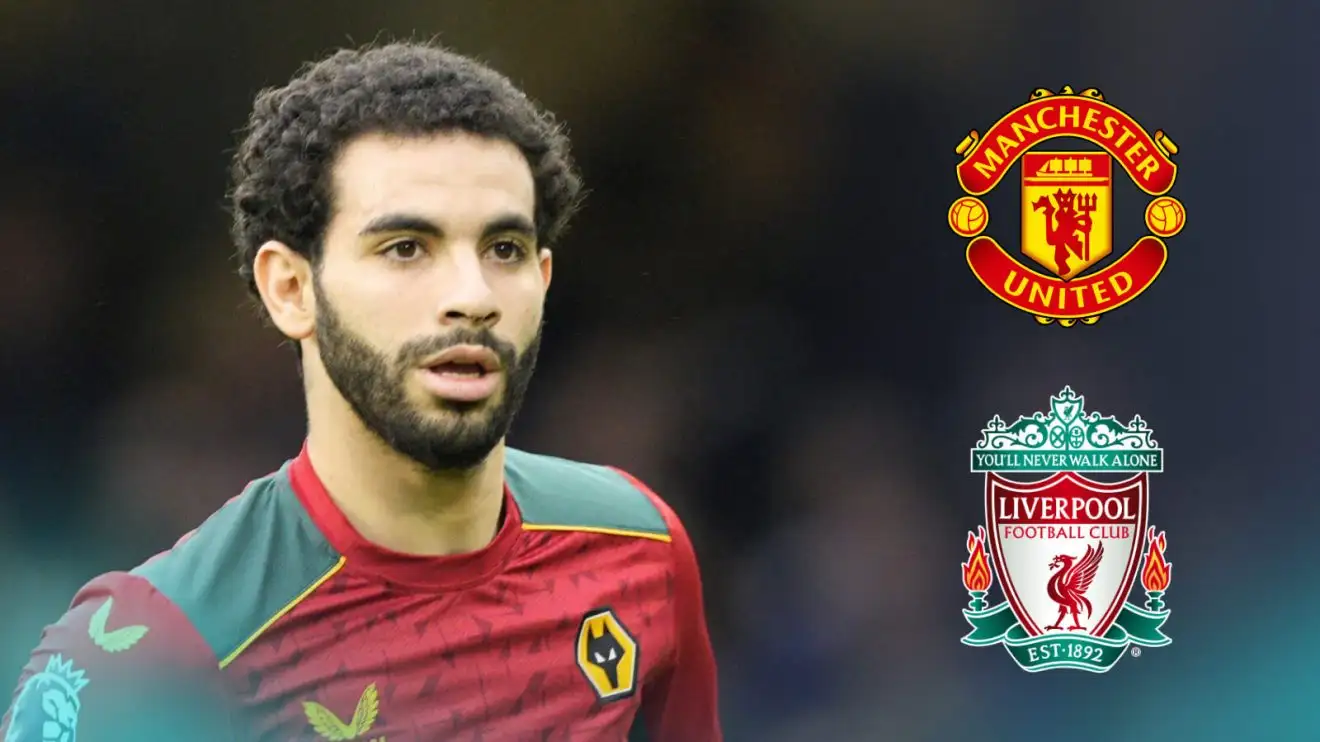 Wolves left-back Rayan Ait-Nouri, Man Utd and Liverpool badges