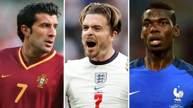 Luis Figo in Portugal kit, Jack Grealish in England kit and Paul Pogba in France kit