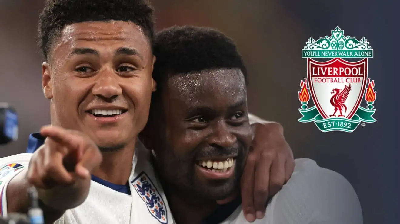 England Euro 2024 stars Ollie Watkins and Marc Guehi next to the Liverpool badge