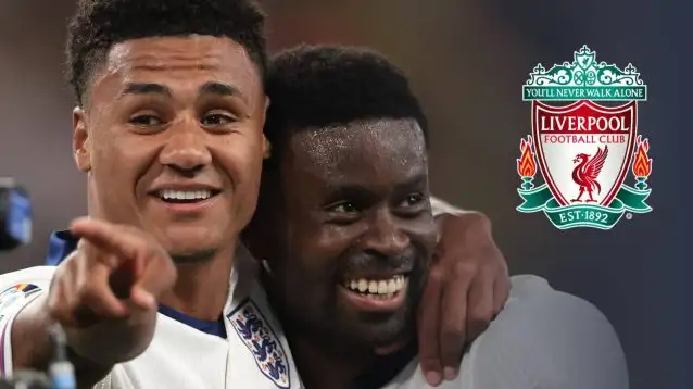 England Euro 2024 stars Ollie Watkins and Marc Guehi next to the Liverpool badge