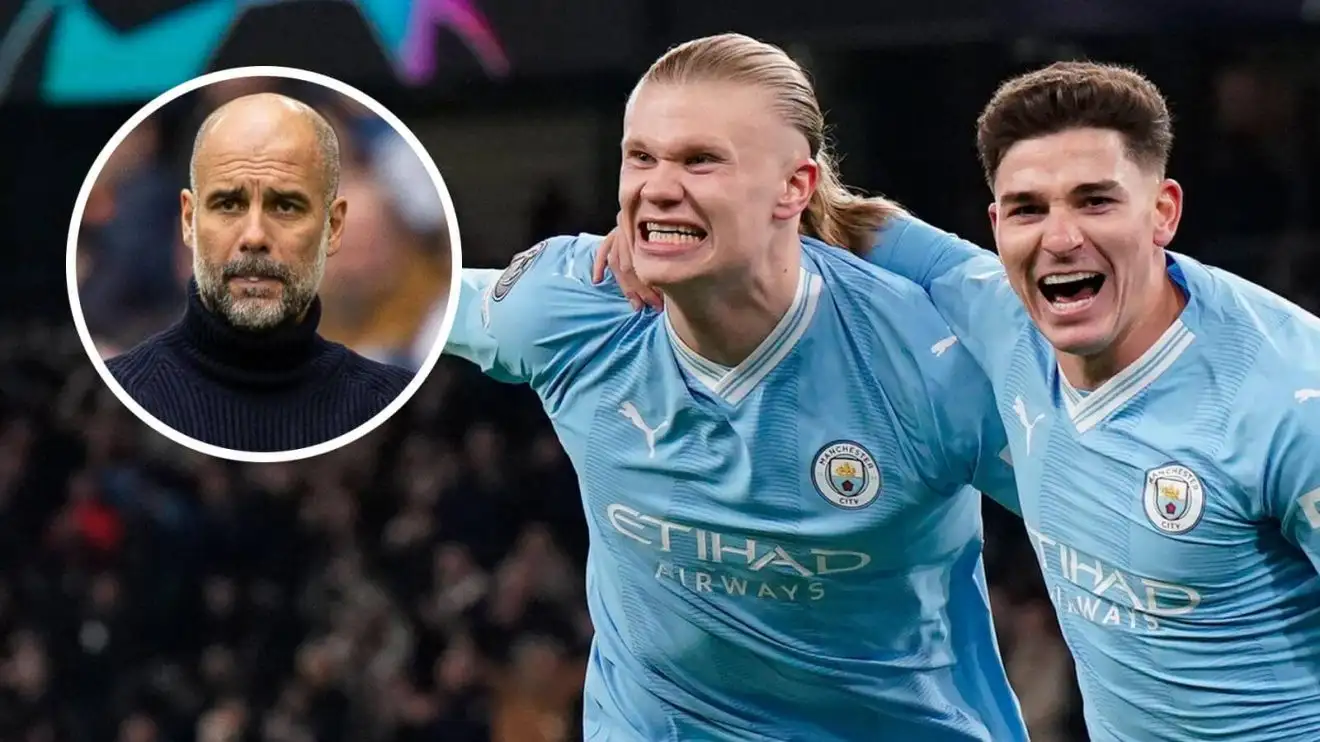 Manchester City strikers Erling Haaland and Julian Alvarez and, inset, boss Pep Guardiola Manchester City strikers Erling Haaland and Julian Alvarez and, inset, boss Pep Guardiola