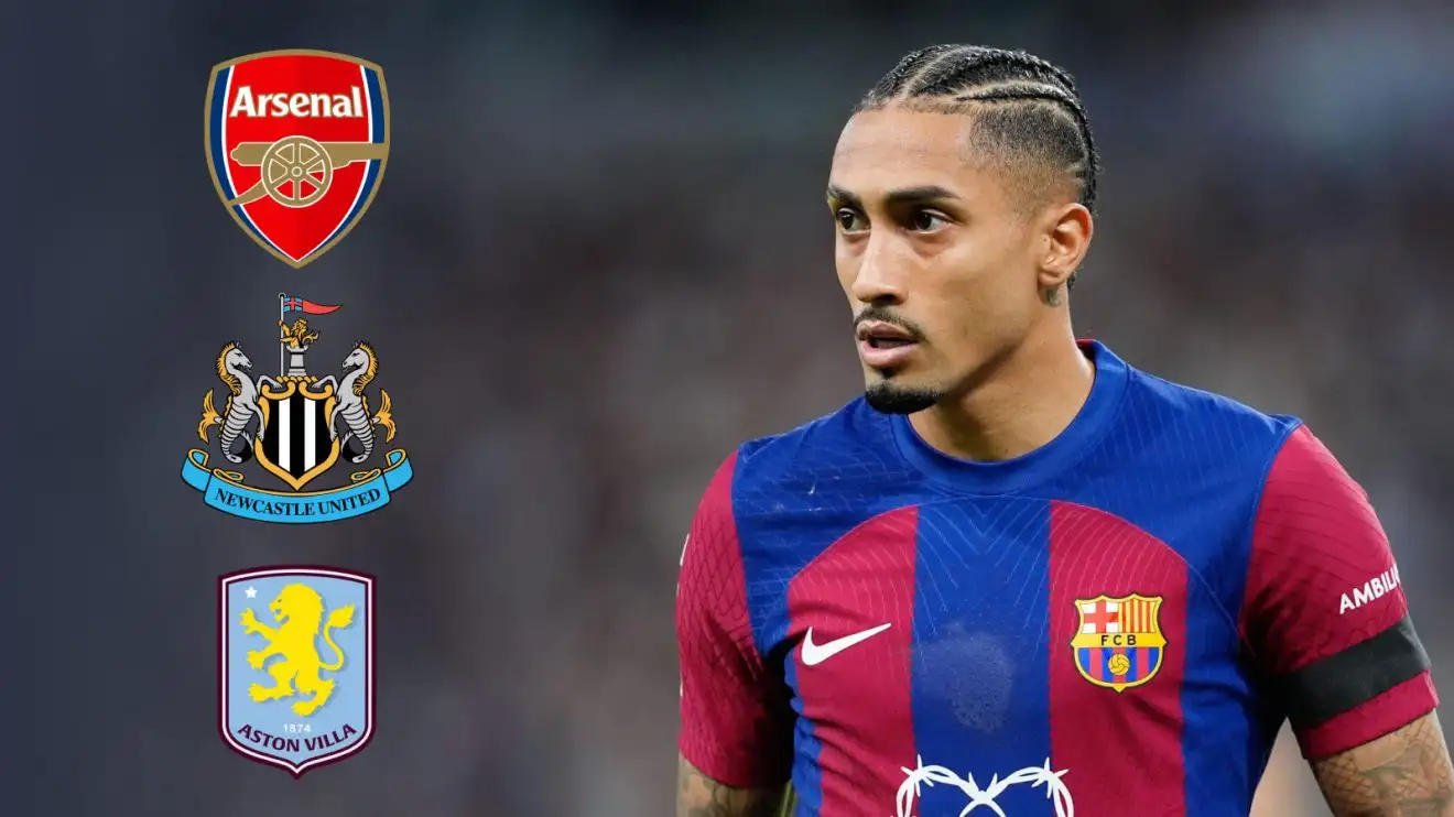 Barcelona winger Raphinha, Arsenal, Newcastle Aston Villa badges