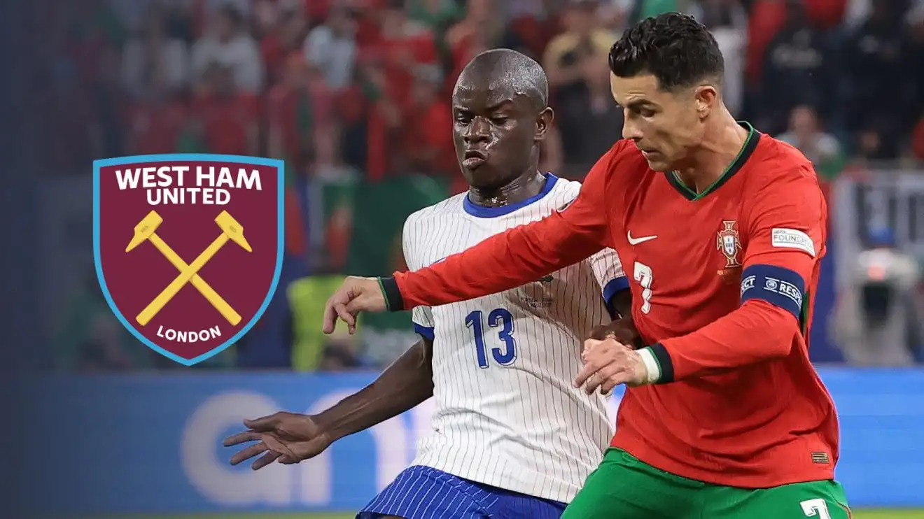 France midfielder N'Golo Kante, Portugal striker Cristiano Ronaldo, West Ham badge France midfielder N'Golo Kante, Portugal striker Cristiano Ronaldo, West Ham badge