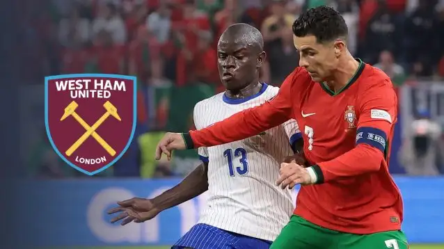 France midfielder N'Golo Kante, Portugal striker Cristiano Ronaldo, West Ham badge