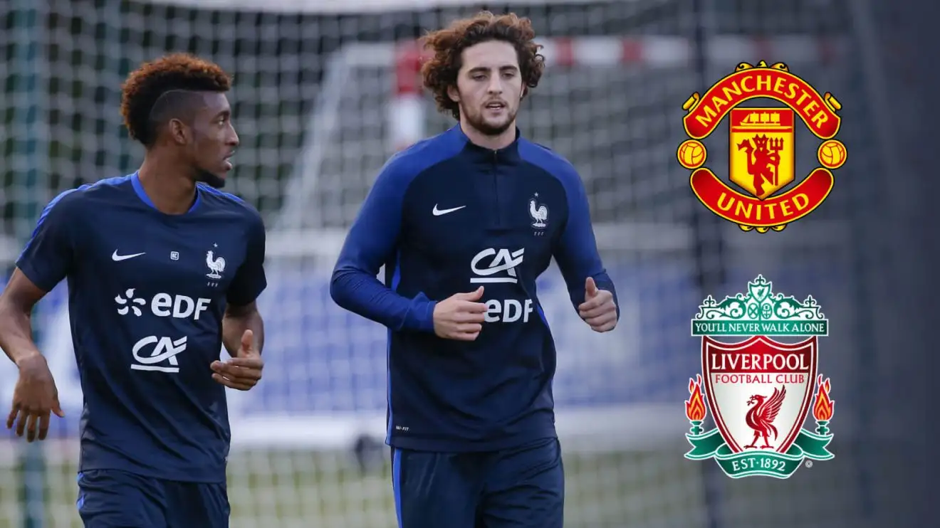 Kingsley Coman and Adrien Rabiot with Man Utd and Liverpool badges