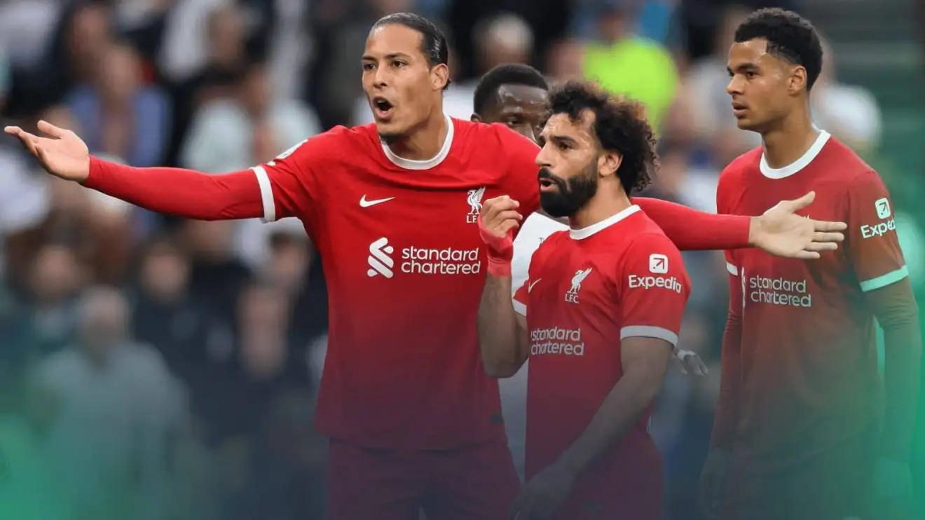 Liverpool defender Van Dijk Virgil van Dijk, Mo Salah and Cody Gakpo