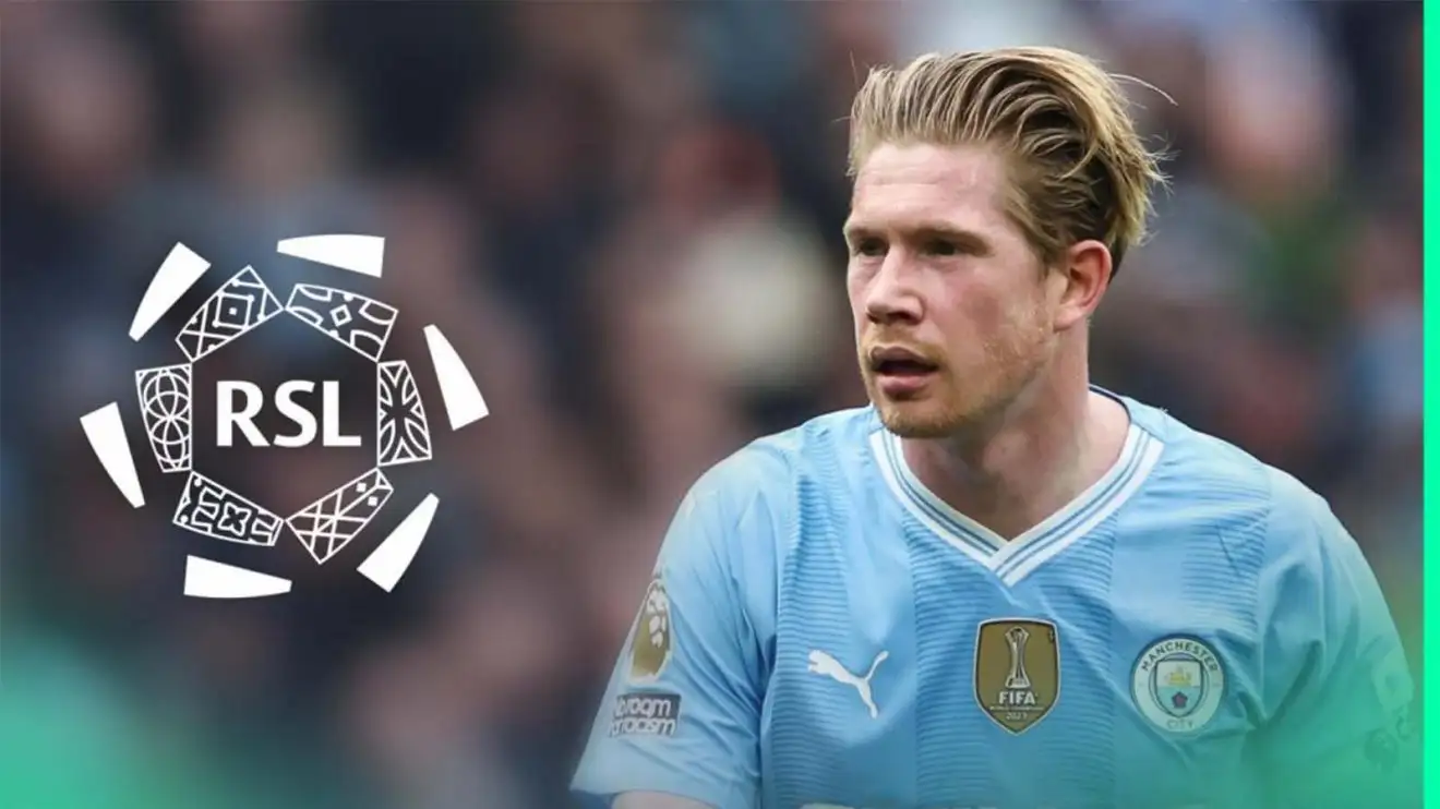 Manchester City's Kevin De Bruyne next to Saudi Pro League logo