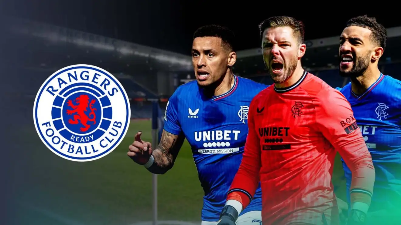 Jack Butland (Rangers), James Tavernier (Rangers) and Connor Goldson (Rangers) next to the Rangers badge