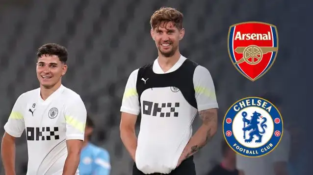 Julian Alvarez and John Stones with Arsenal and Chelsea badges