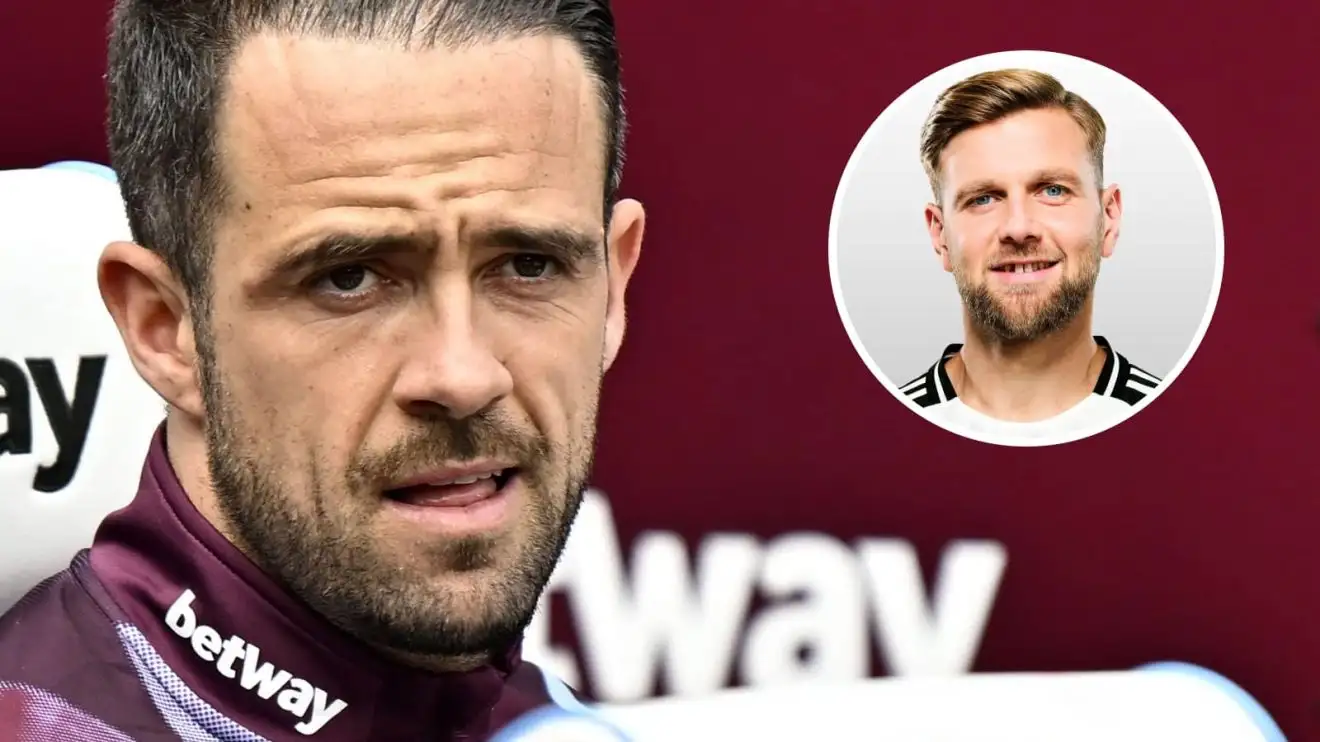 Danny Ings on the bench with an inset of a smiling Niclas Fullfrug alongside him