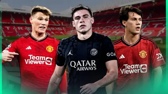 Manchester United midfielder Scott McTominay, Manuel Ugarte of PSG and Red Devils winger Facundo Pellistri