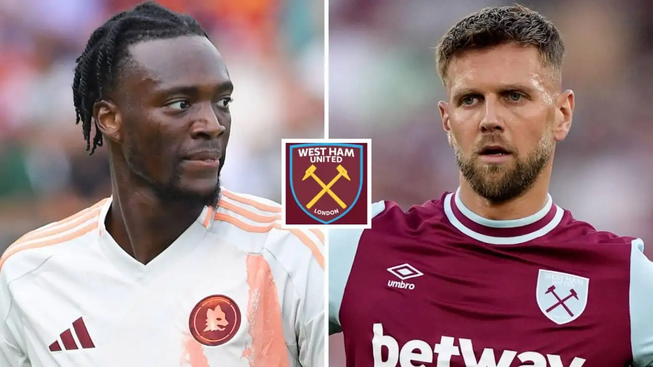 Tammy Abraham and Niclas Fullkrug around the West Ham badge