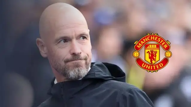 Erik ten Hag next to the Man Utd logo