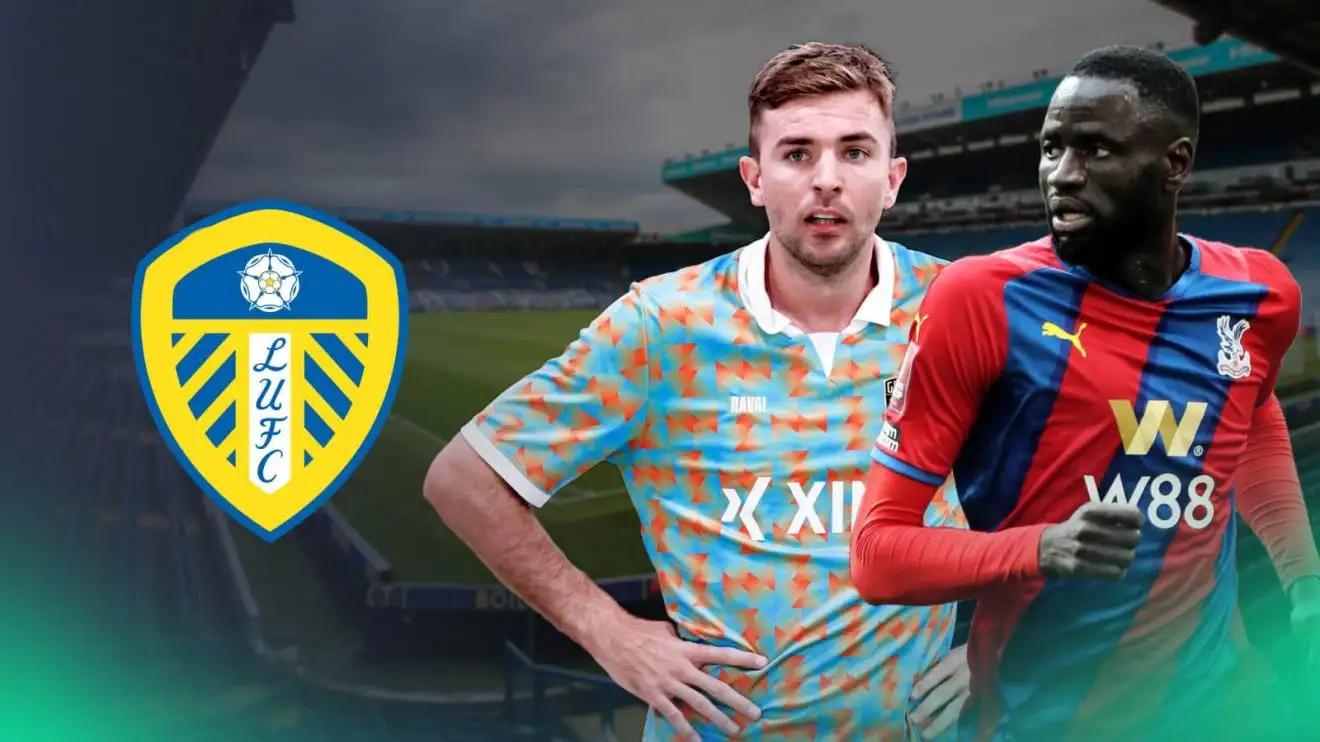 Free agent midfielders Christoph Kramer and Cheikhou Kouyate next to the Leeds United badge and in front of Elland Road stadium