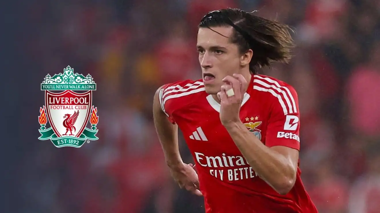 Alvaro Carreras and the Liverpool badge