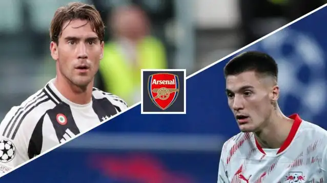 Juventus striker Dusan Vlahovic and RB Leipzig striker Benjamin Sesko with the Arsenal badge in between