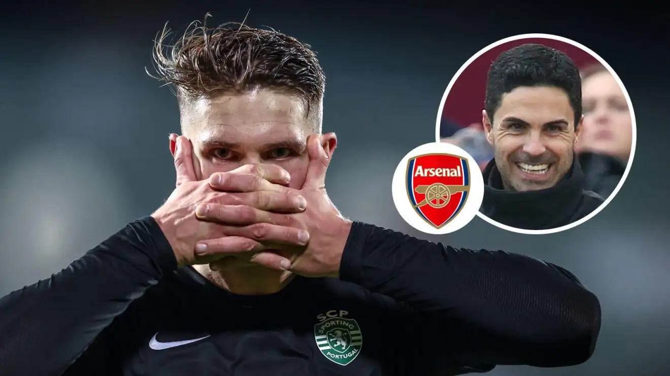 Sporting CP striker Viktor Gyokeres celebrates a goal with Mikel Arteta and the Arenal badge, inset