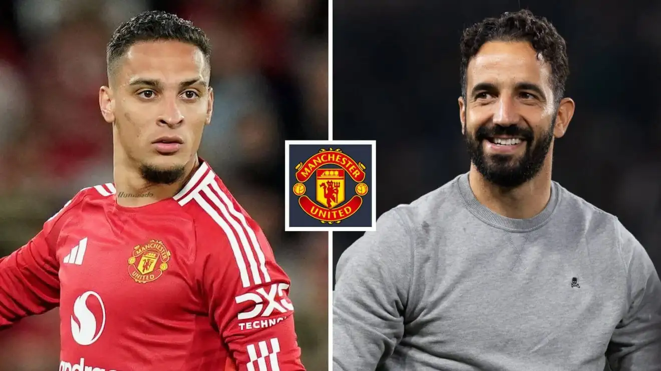 Manchester United winger Antony and new manager Ruben Amorim Manchester United winger Antony and new manager Ruben Amorim either side of the Manchester United badge