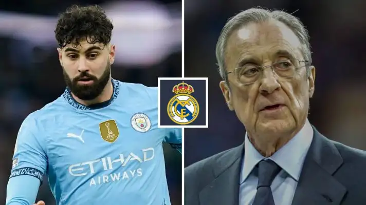 Manchester City defender Josko Gvardiol next to Rea; Madrid president Florentino Perez with the Real Madrid badge between them - copyright TEAMtalk