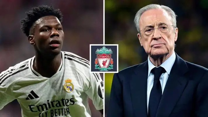 Real Madrid midfielder Aurelien Tchouameni and Real Madrid president Florentino Perez next to each other with the Liverpool badge in between