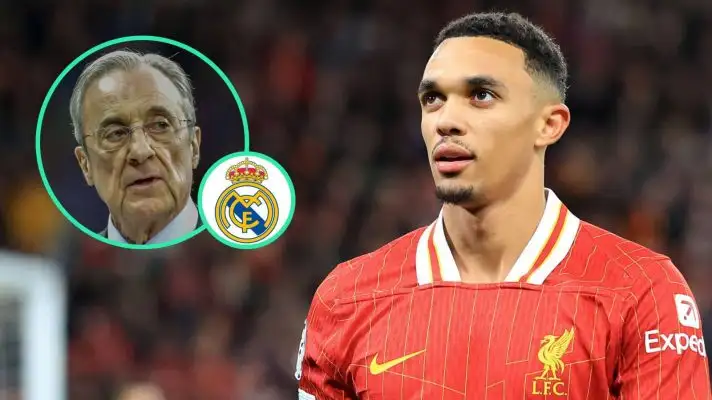 Collage picture of Real Madrid president Florentino Perez, the Real Madrid badge and Trent Alexander-Arnold in a Liverpool shirt