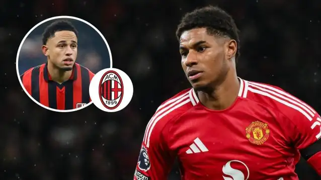 Marcus Rashford of Manchester United and, inset, Milan striker Noah Okafor