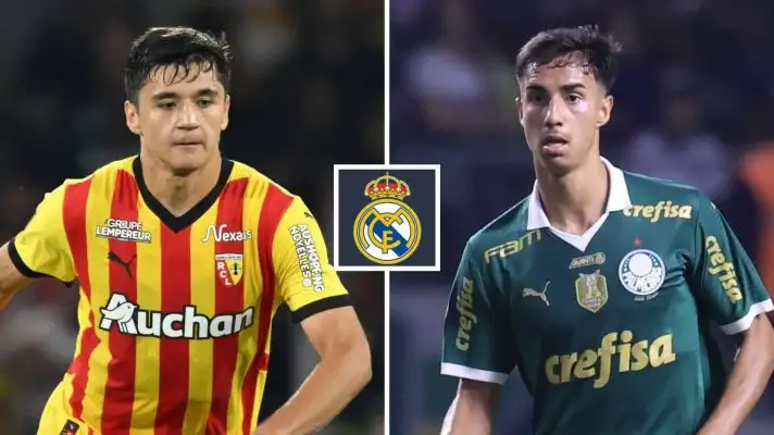 Split image of Abdukodir Khusanov of Lens and Victor Reis of Palmeiras with the Real Madrid badge between them - copyright TEAMtalk