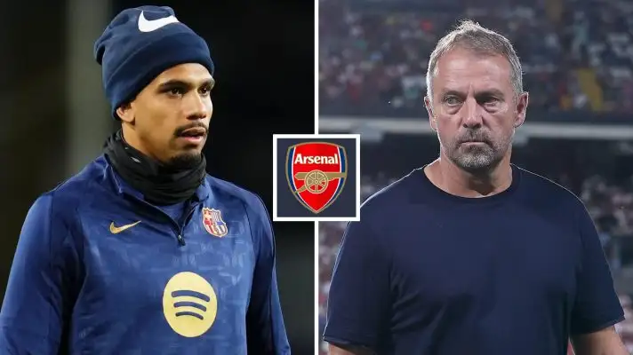 Split image of Barcelona defender Ronald Araujo and Hansi Flick with the Arsenal badge between them - copyright TEAMtalk