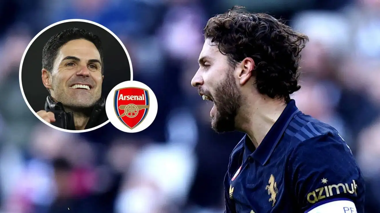 Arsenal manager Mikel Arteta and Juventus midfielder Manuel Locatelli with the Arsenal badge between them - copyright TEAMtalk
