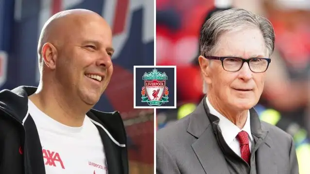 Liverpool manager Arne Slot and the club's owner John Henry either side of the Liverpool club crest