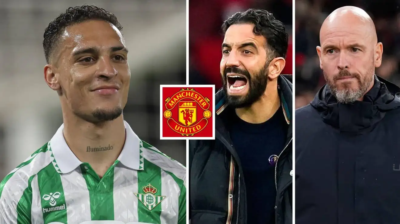 Antony, Ruben Amorim and Erik ten Hag in a collage with the Manchester United badge