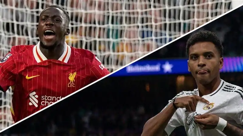 Split image of Liverpool defender Ibrahima Konate and Real Madrid forward Rodrygo - copyright TEAMtallk