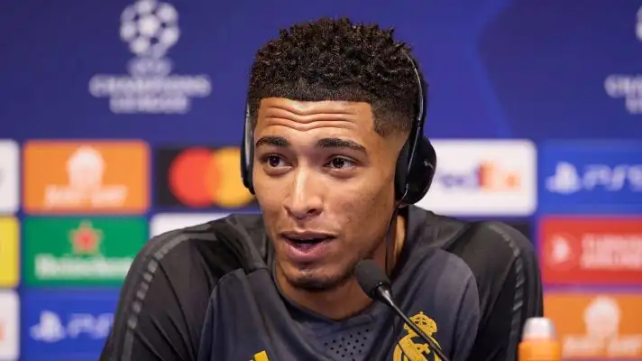 Jude Bellingham, Real Madrid midfielder attends a Champions League press conference