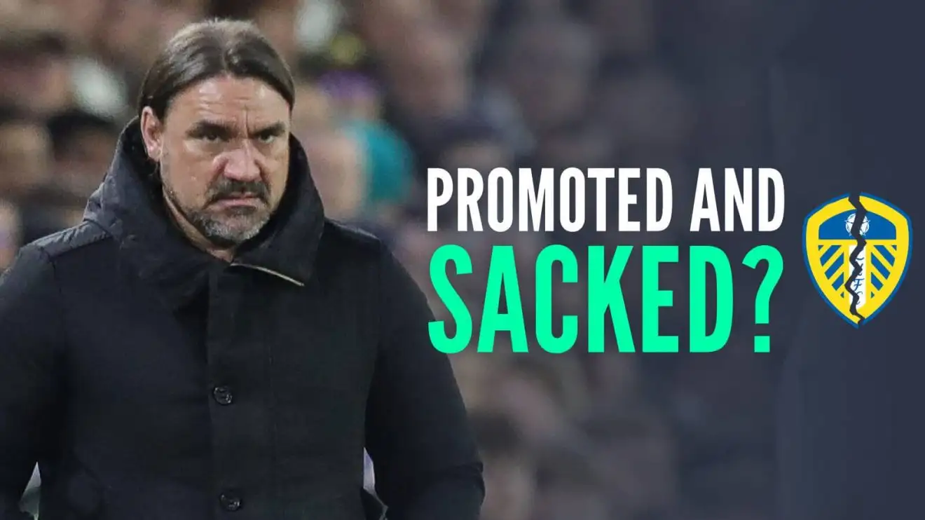 Leeds United are reported to be considering sacking Daniel Farke Leeds manager Daniel Farke next to a cracked Leeds United badge and the words 'promoted and sacked?'